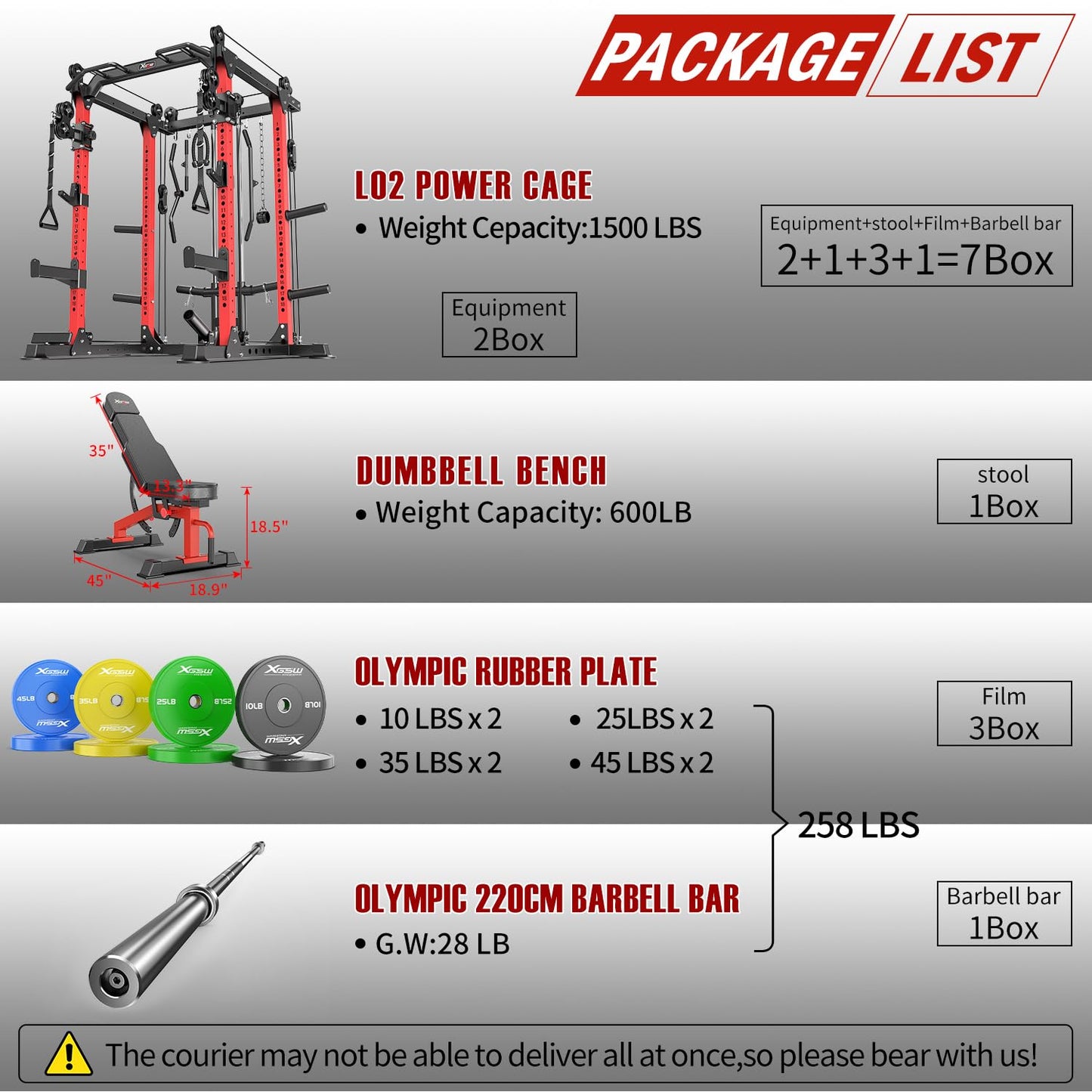 Power Rack Power Cage Multi-Function Squat Rack with Cable Crossover System Selectable More Training Attachment Power Rack for Garage & Home Gym (Red, F Set L02+Weight Bench+(Pole+Color BP) 258LBS)