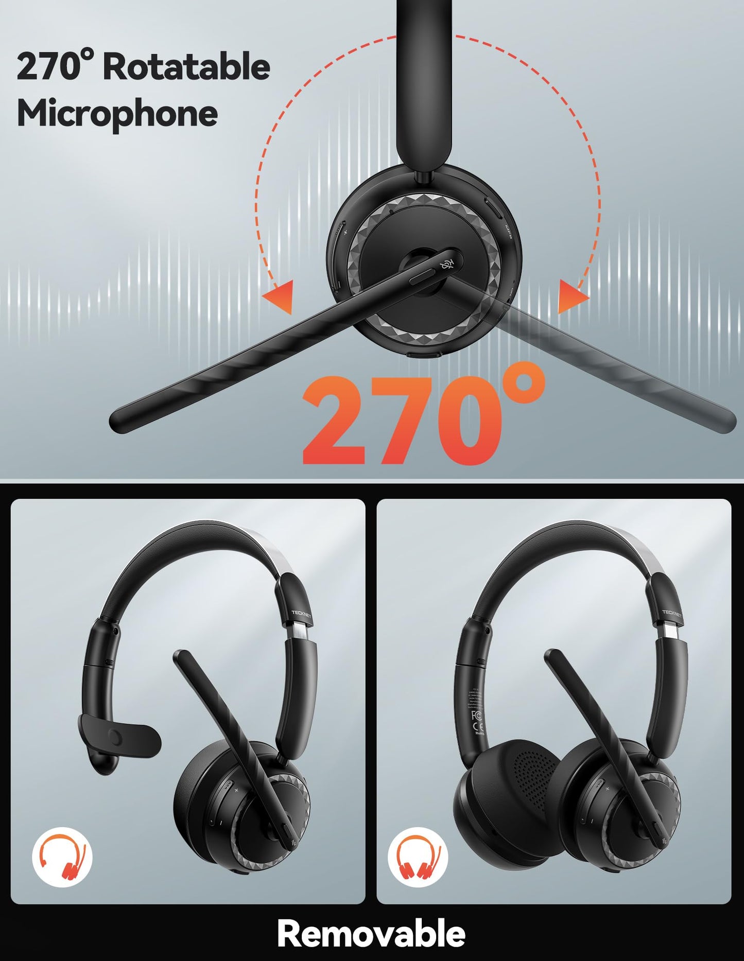 TECKNET Wireless Headset, 5.3 ENC Bluetooth Headset with Microphone, Computer Headset Rechargeable, USB Dongle, Charging Base, On-Ear Headphones for Trucker/Remote Work/Call Center