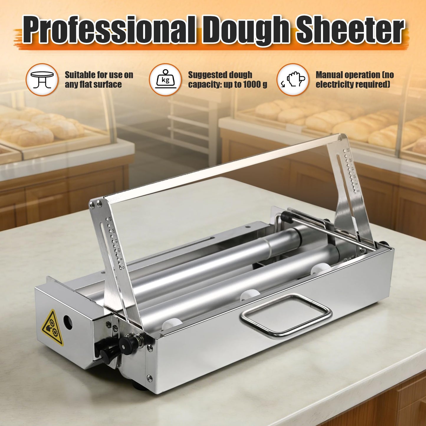Folding Dough Sheeter (15.5"),Dough Sheeter,Manual Dough Sheeter,Commercial Dough Roller Sheeter,55 thickness options,Suitable for pizza, croissants, puff pastry, Stainless Steel(1 Rolling Boards)