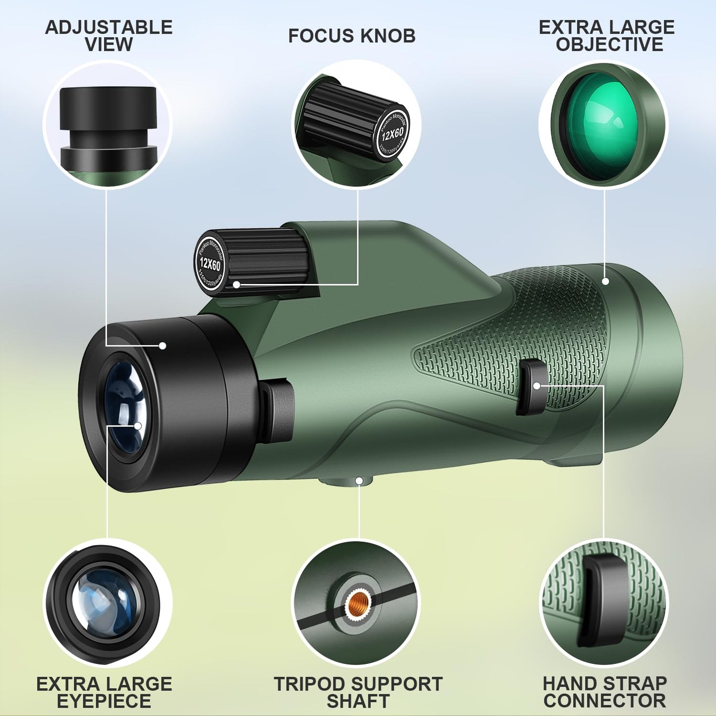 Pankoo 12x60 HD Monocular Telescope for Adults | Comes with Smartphone Adapter Tripod Hand Strap | Suitable for Bird Watching Sports Hiking Traveling