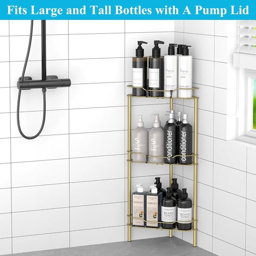 HuggieGems Corner Shower Caddy Organizer - 3 Tier Floor Stand with Hooks | Elegant Gold Finish