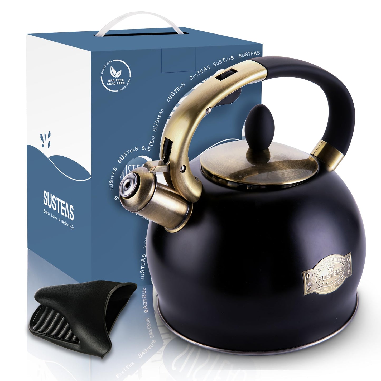 SUSTEAS Stove Top Whistling Tea Kettle - Food Grade Stainless Steel Teakettle Teapot with Cool Touch Ergonomic Handle, With 1 Silicone Pinch Mitt Included, 2.64 Quart(BLACK)