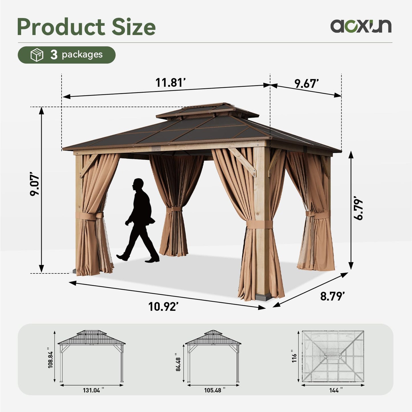 Aoxun 10' x 12' Outdoor Wood Gazebo with Double Polycarbonate Top, Hardtop Gazebo Permanent Wooden Pavilion with Breathable Netting and Privacy Curtain for Patio, Garden, Deck, Cedar Wood, Natural