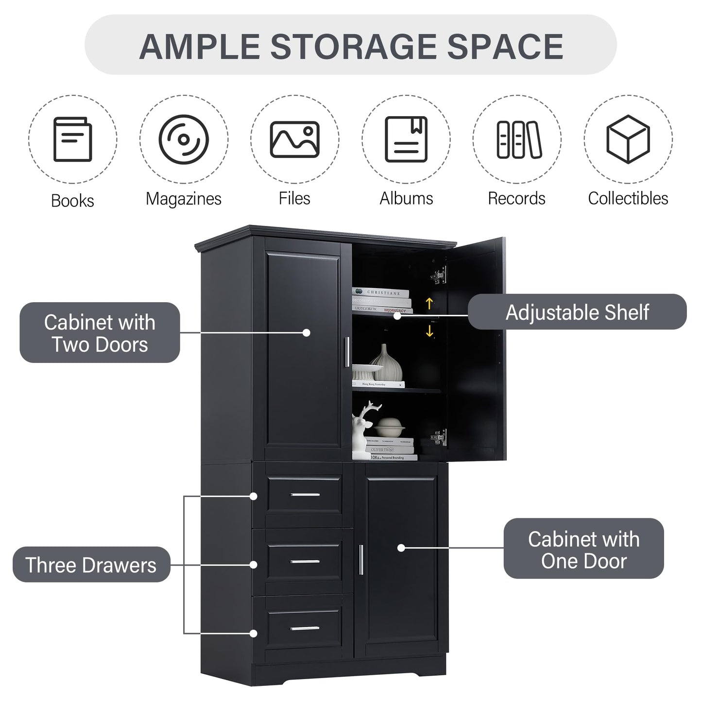 62.2" Wide Storage Cabinet Pantry Cupboard with Doors and Drawers for Home Kitchen, Bathroom and Living Room, Adjustable Shelf, Black