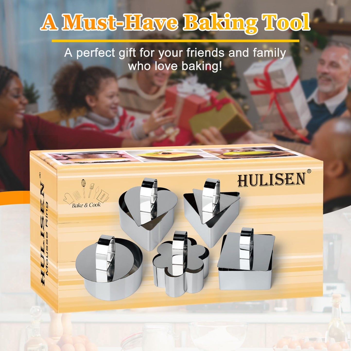 HULISEN Set of 5 Cake Ring Mold, Stainless Steel 3” Dessert Food Molds with Pushers, Food Cooking Rings for Tuna Tartare, Pancake, Rice