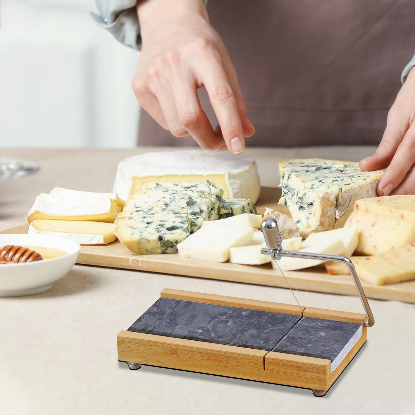 Tianman Cheese Slicer Cheese Cutter with 4 Replacement Cutting Wire,Heavy Duty 8.27"x 4.4",Marble Board Cheese Slicer for Block Cheeses, Butter,Cakes and More(Black Grey)