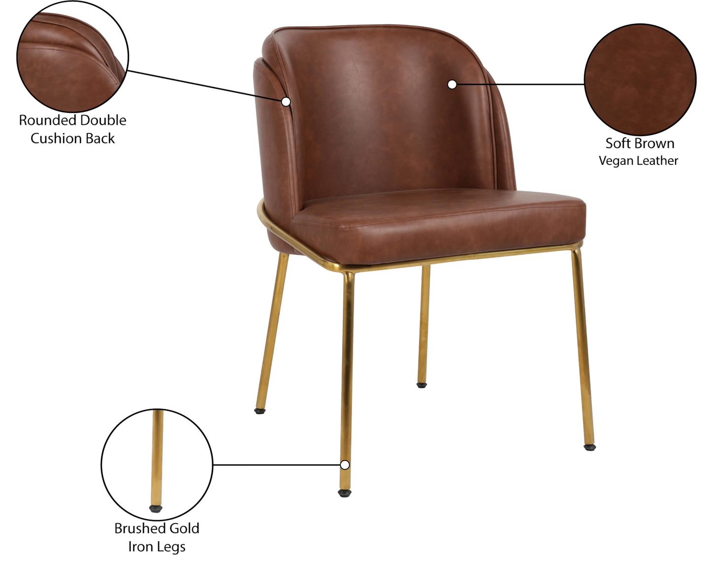 Meridian Furniture 882Brown-C Jagger Collection Modern | Contemporary Dining Chair, Soft Brown Vegan Leather, Brushed Iron Legs, Rounded Double Cushion Back, 22" W x 23" D x 31" H, Brown, Set of 2