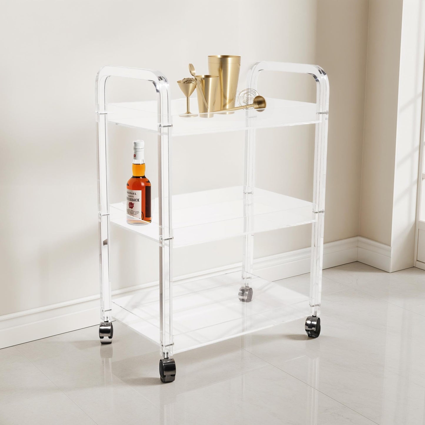 Bloomingville Clear Acrylic 3-Tier Bar Cart on Casters, White