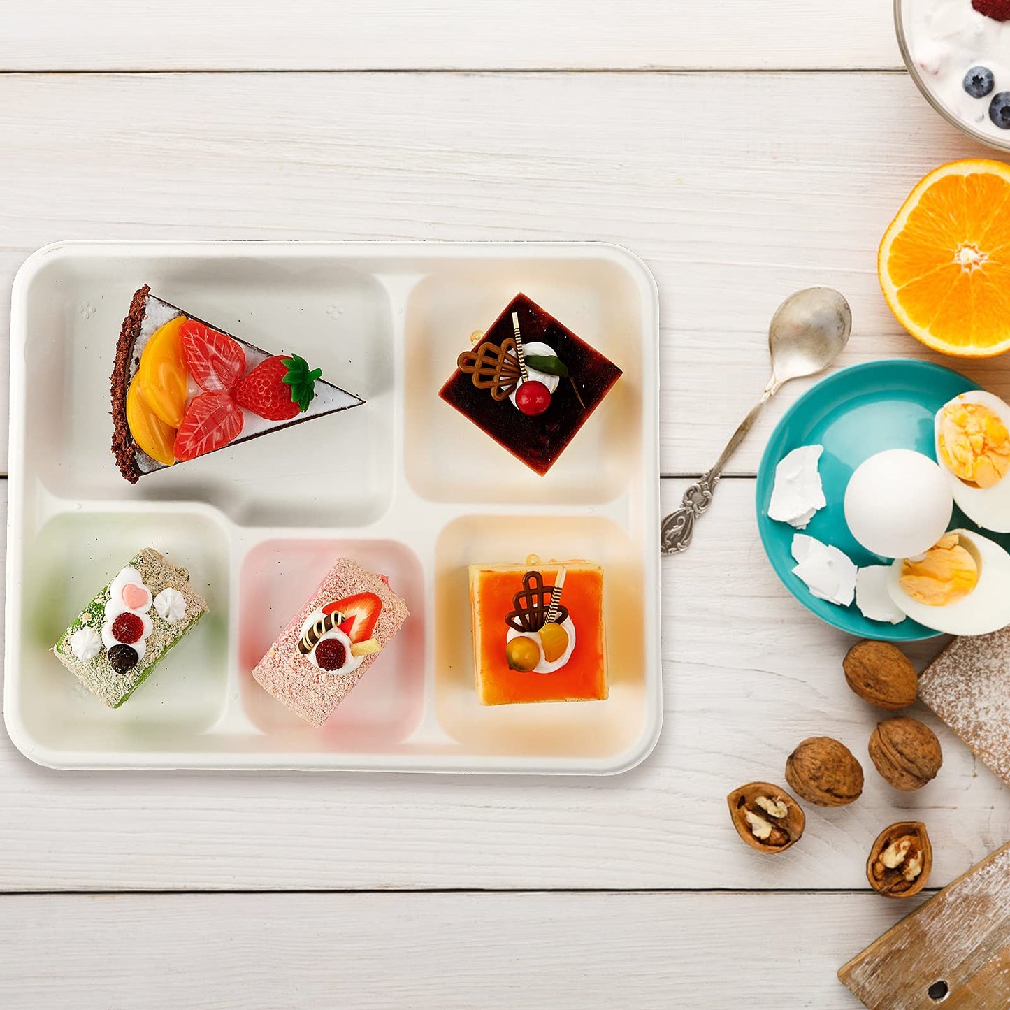Vplus 100% Compostable Small 5 Compartment Plates 125 Pack 10.25 x 8.25 inch Disposable Sugarcane Bagasse Tray Perfect for Boys and Girls