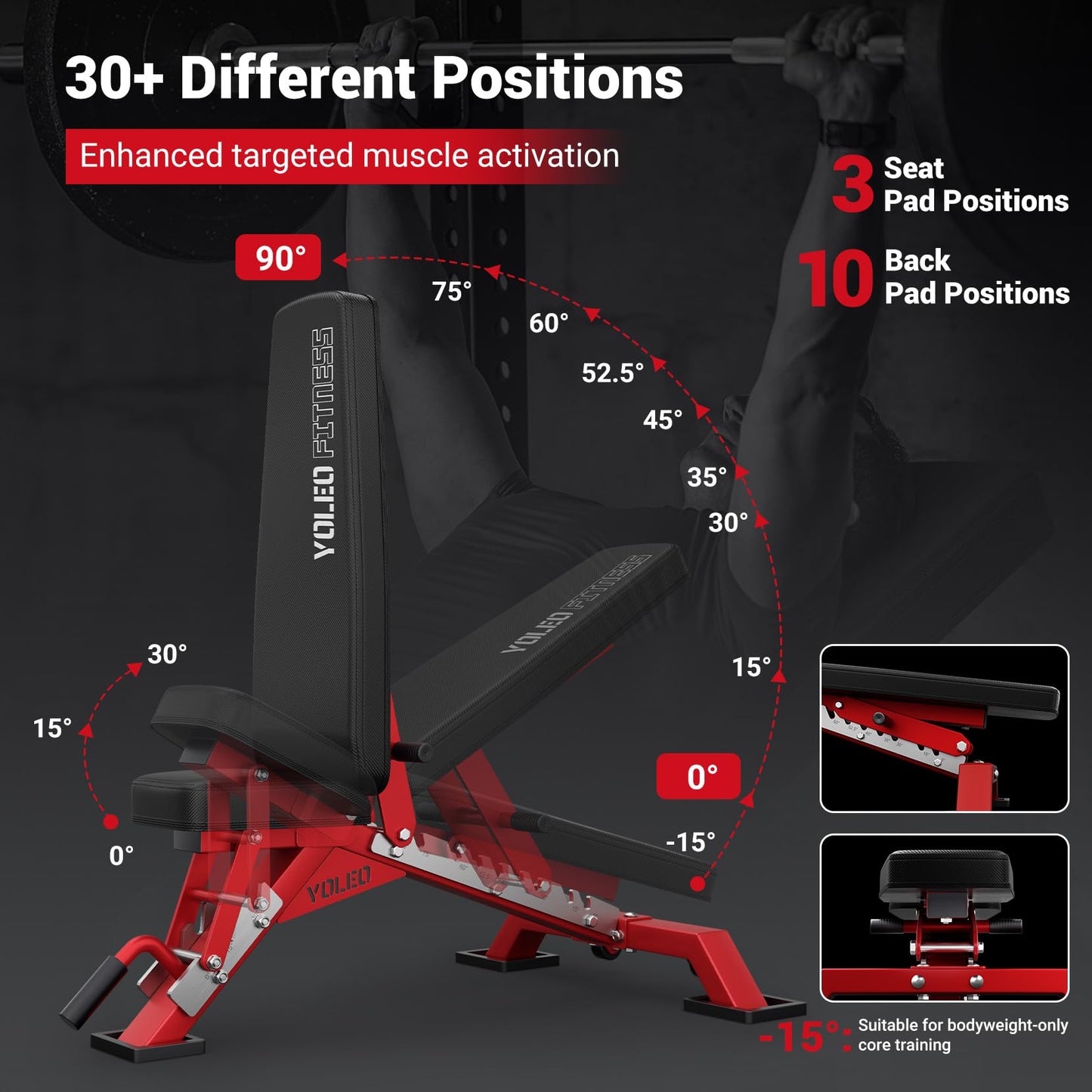 YOLEO Commercial Adjustable Weight Bench - MAX 2300LBS Heavy Duty Workout Bench for Home Gym, Decline/Flat/Incline Bench Press 2.4" Thick Pad (6-Step Assembly) (Weight Bench + 1 Dumbbell)