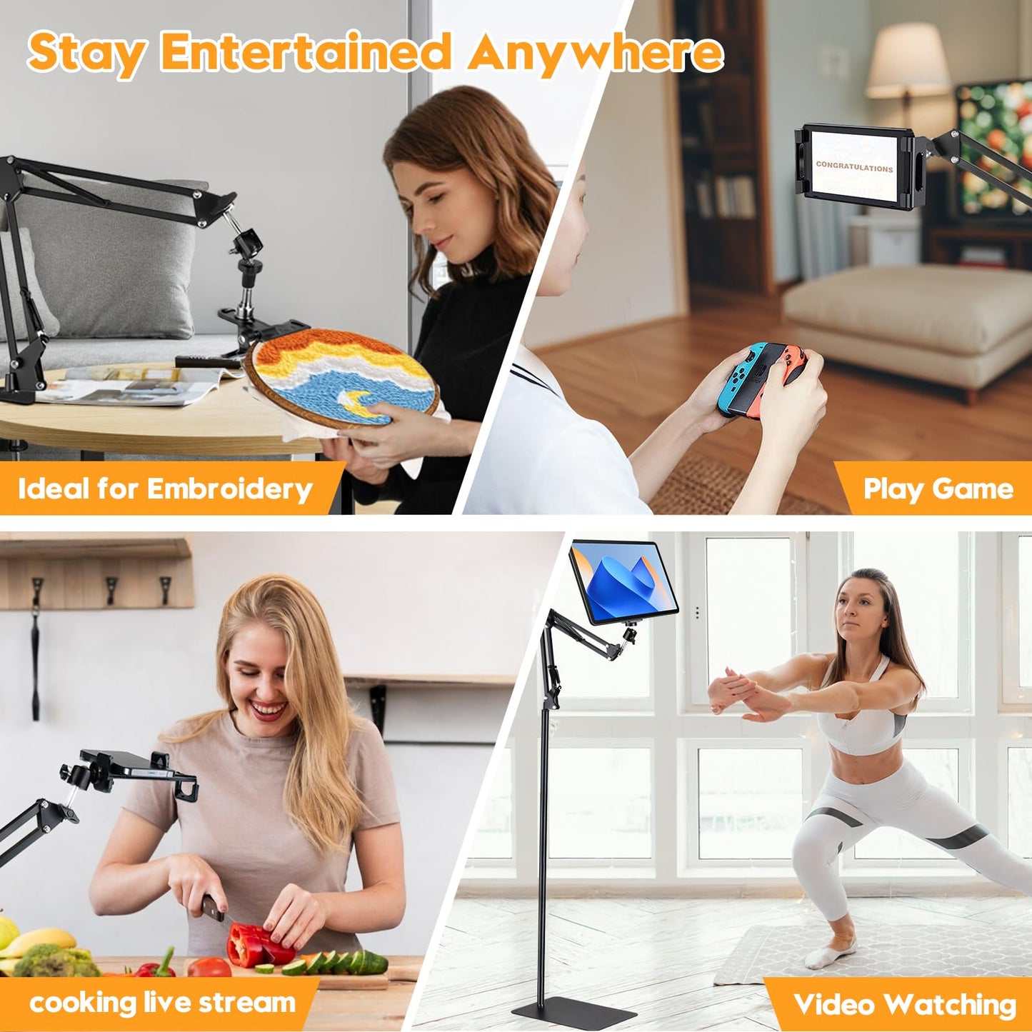 Black Adjustable Embroidery Hoops Stand for Hand Work,3-in-1 Hoop/Tablet/Phone Holder Floor Stand,Embroidery Desktop Stand,Lap Cross Stitch Frame with 360° Rotation,Hand Embroidery Stand