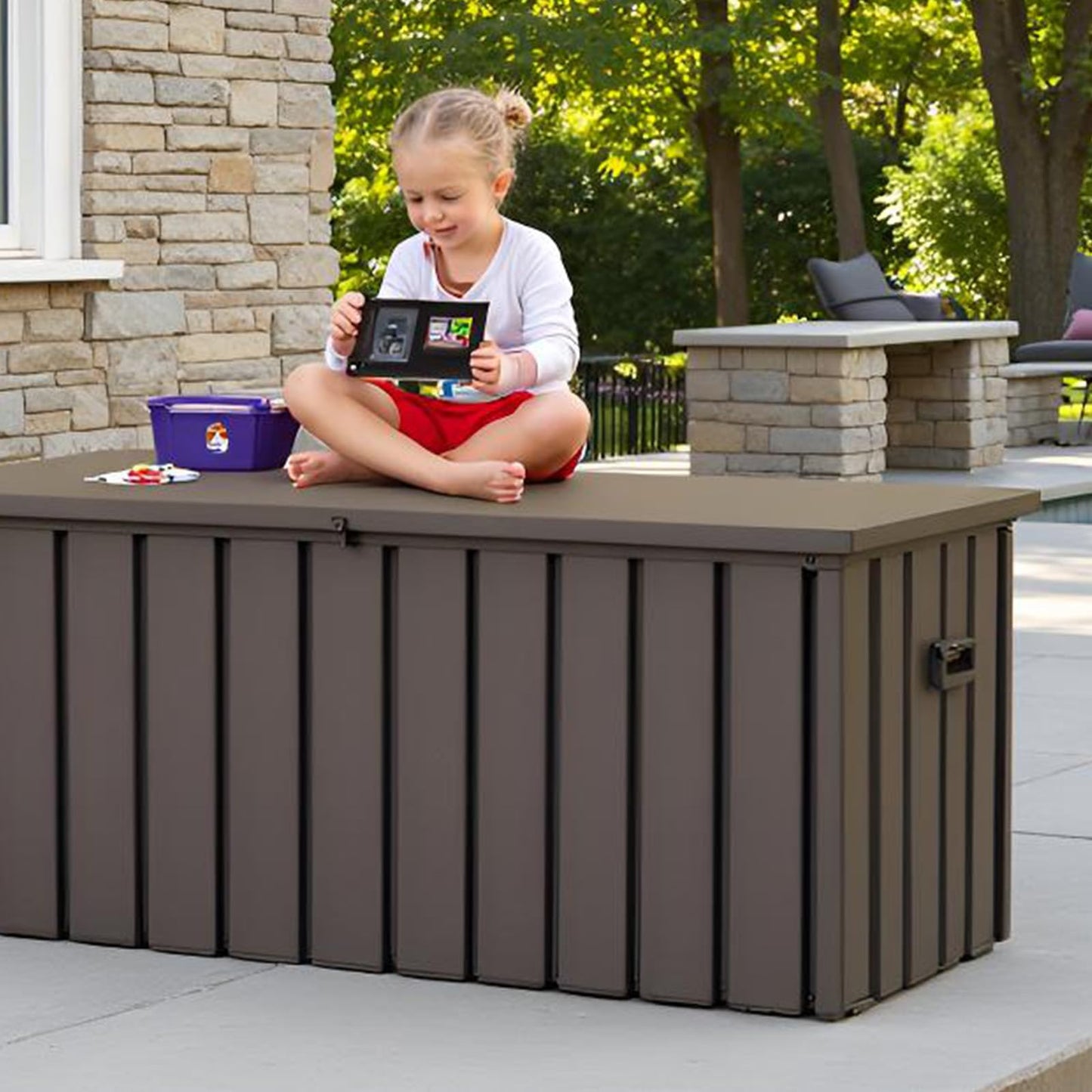 LANTRO JS 160 Gallon Metal Deck Box, Outdoor Storage Box Waterproof with Wheels, Lockable Storage Container for Patio Furniture Cushions Garden Tools, Dark Brown