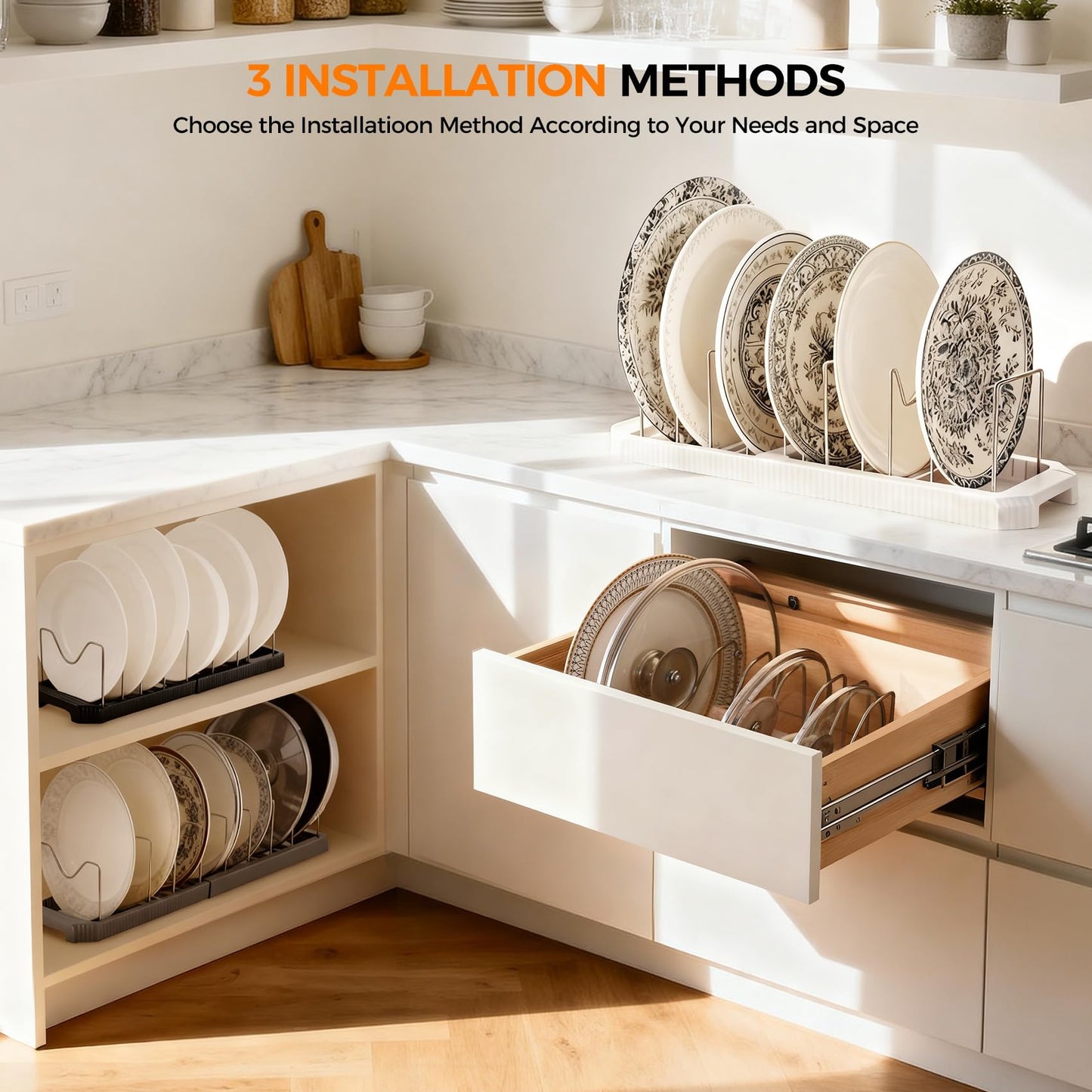 Adjustable Pot Lid Organizer Rack, 9 Compartments Cabinet Storage Holder for Pots, Pans, Lids, Cutting Boards, Bakeware