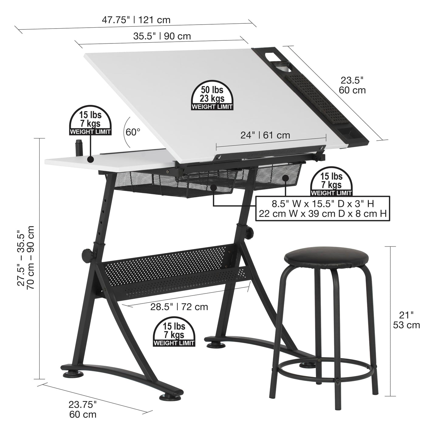 Fusion Drafting Table with Stool, Height Adjustable Desk with Tilt Top, Charcoal / White
