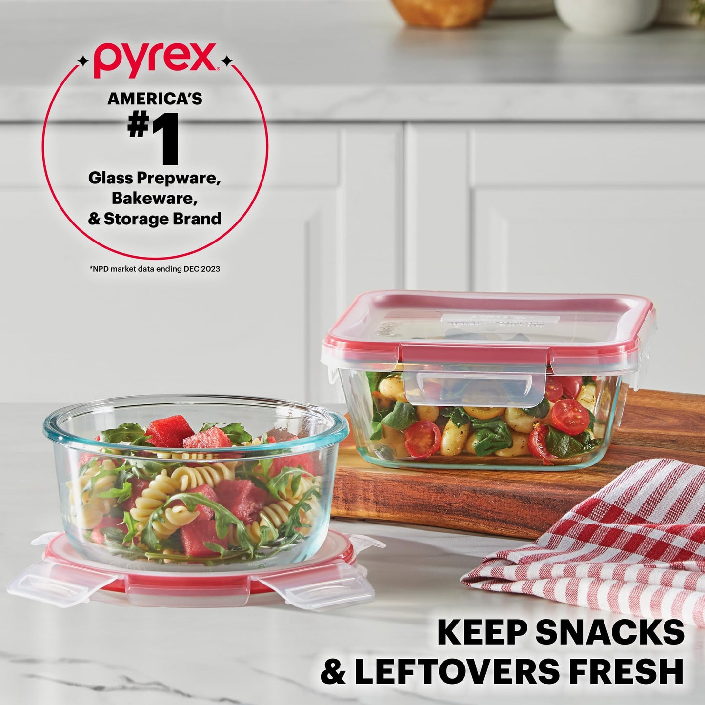 Pyrex Freshlock (7-Pack) Glass Food Storage Containers Set, (1, 2, 4 Cups) Airtight & Leakproof Plastic Locking Lids BPA-Free, Meal Prep Containers Set, Freezer Dishwasher Microwave Safe