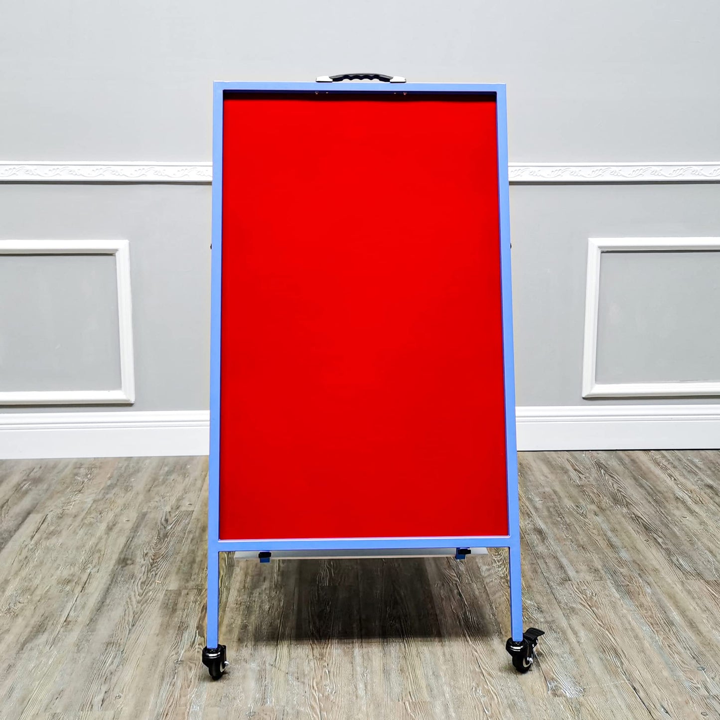 FixtureDisplays Double-Sided Easel with Dry Erase & Magnetic Felt Surfaces A-Frame Art Board on Wheels Blue Steel Frame 19531-NPF