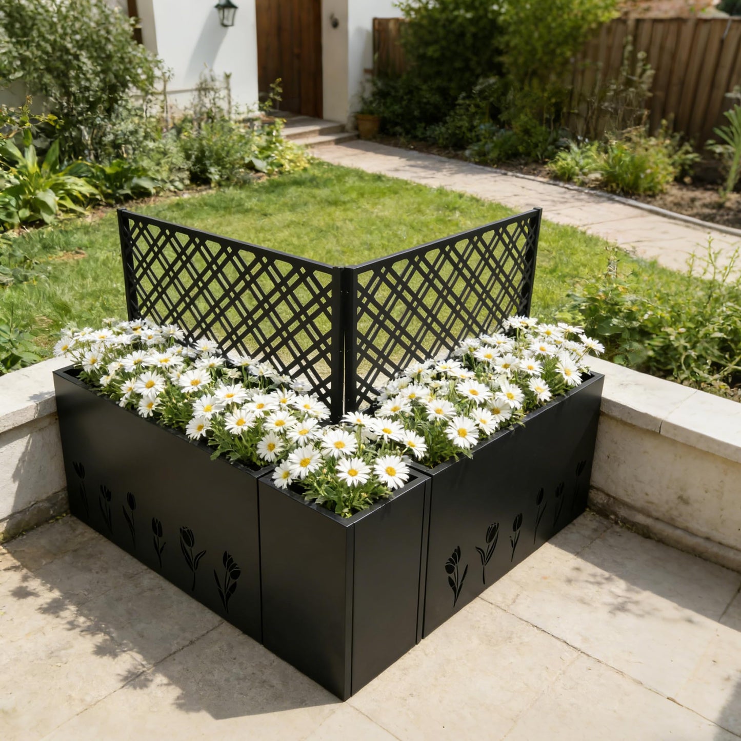 Sailret 3-Piece Metal Planter Box with Trellis, Raised Garden Bed Set with 2 Large & 1 Small Planters, Outdoor Privacy Planter for Patio Garden, Black