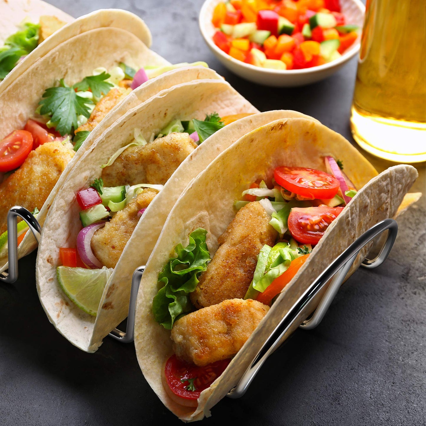 WIDBI Premium Taco Holders - 4 Pack Stainless Steel Taco Stands Holds 12 Standard Tacos (3 Each) - Fits Most Plates & Air Fryers - Dishwasher & Oven Safe – For Soft & Hard Shell Tacos