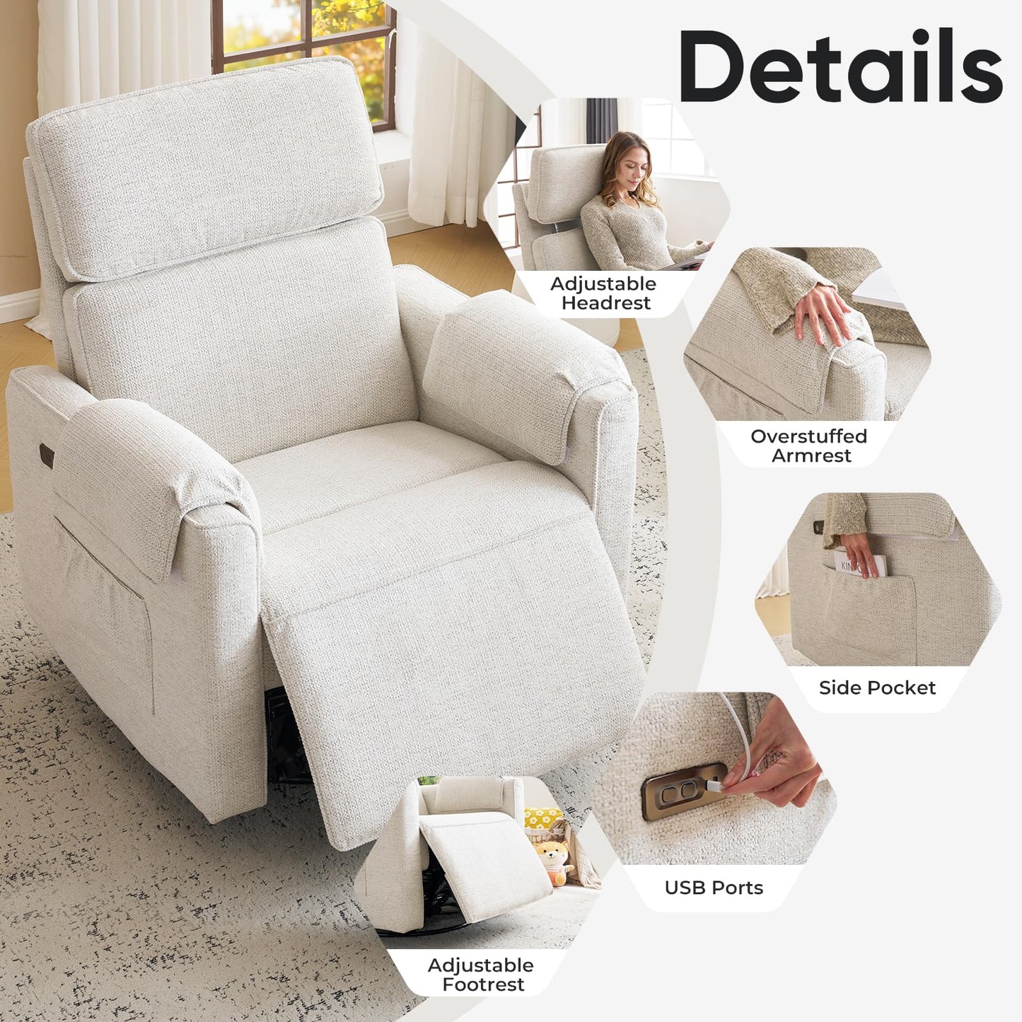 Rhevoy Oversized Power Recliner Chair, 26" Extra Wide Swivel Rocker Recliner with Adjustable Headrest, Chenille Glider Rocking Nursery Chair with Overstuffed Armrest, USB Ports, White