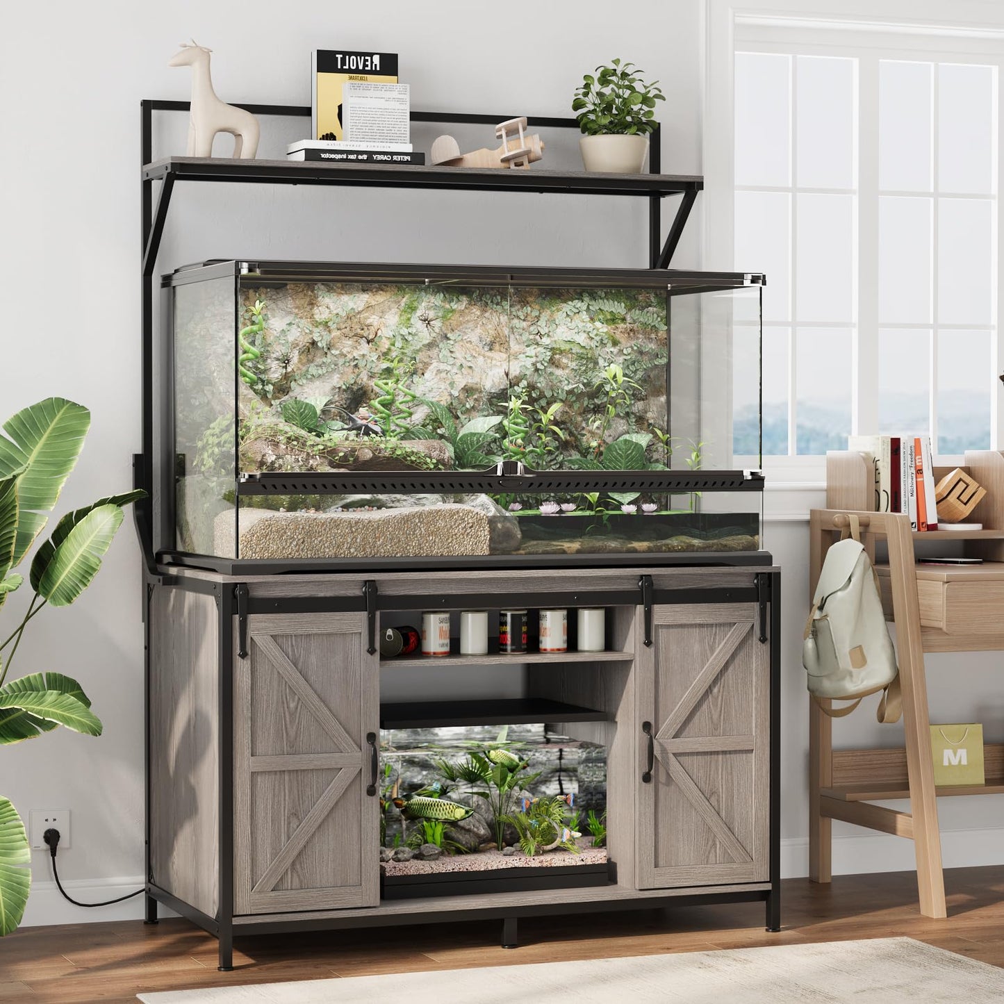 VOWNER Farmhouse Reptile Tank Stand with Power Outlet, 48" X 24" Tabletop Fits up to 120 Gallon Bearded Dragon Tank, Heavy Duty Aquarium Stand with Storage Cabinet, Reptile Turtle Terrarium Stand Grey