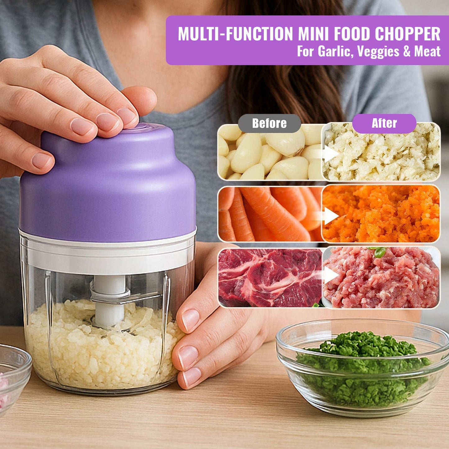 Electric Garlic Chopper, 320ML Portable Veggie Chopper, Rechargeable Vegetable Chopper,Garlic Grinder Masher Onion Chopper, Blender to Vegetable, for Ginger, Nuts,Chili, Fruit, Meat and Spices