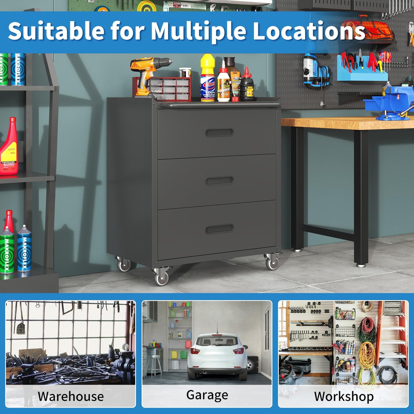 VIYET 2-Pack Rolling Garage Tool Cabinet,Heavy Duty Steel Rolling Tool Chest with Lockable Doors & Adjustable Shelves,Mobile Workshop Storage Cart for Garage Organization,Black