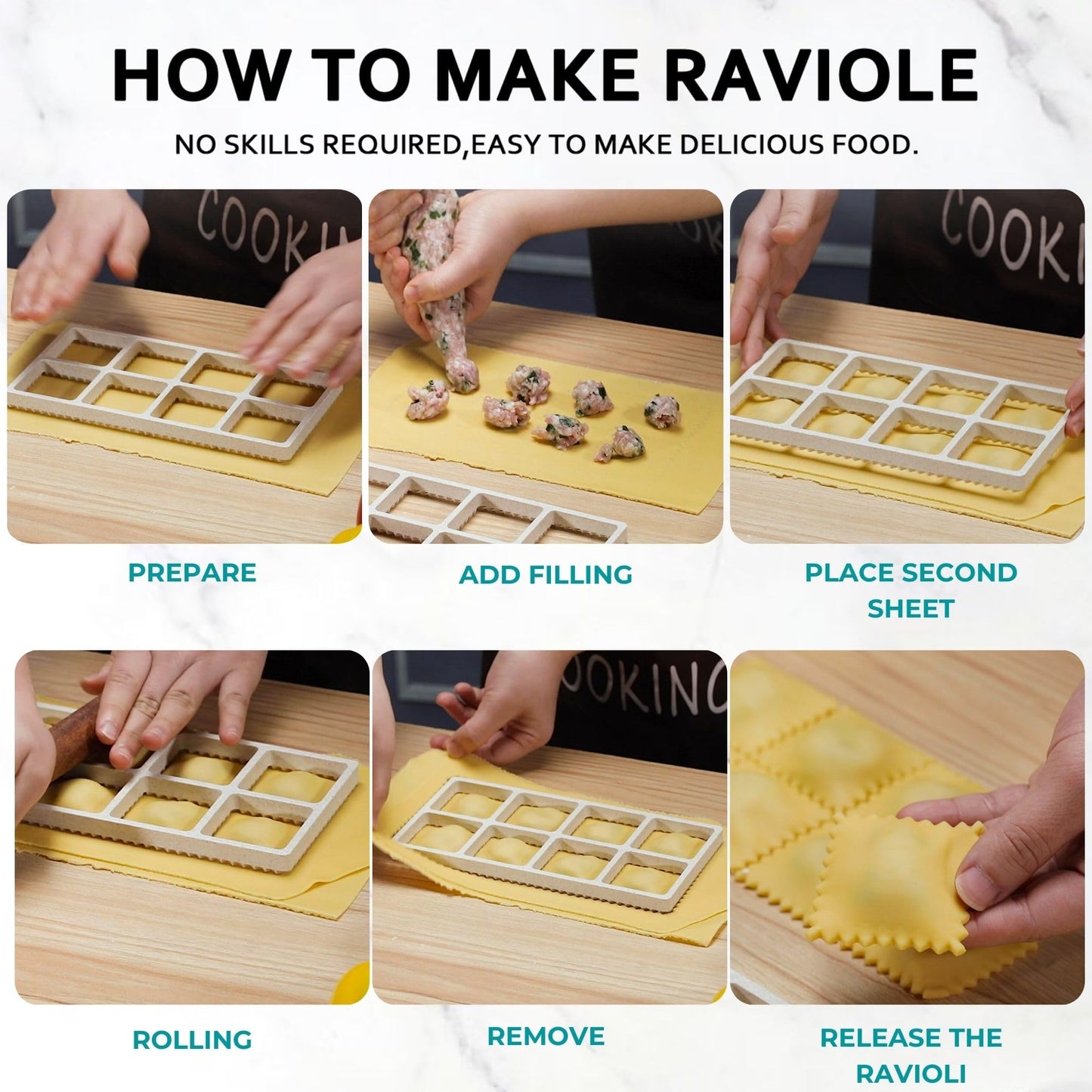 MUMSUNG Ravioli Maker Press, Ravioli Press Mold Set - Round, Heart, Square Ravioli Stamp Maker Cutter with Wood Rolling Pin, 2.6" Empanada Maker Press Kit and Ravioli Wheel 3 PCS