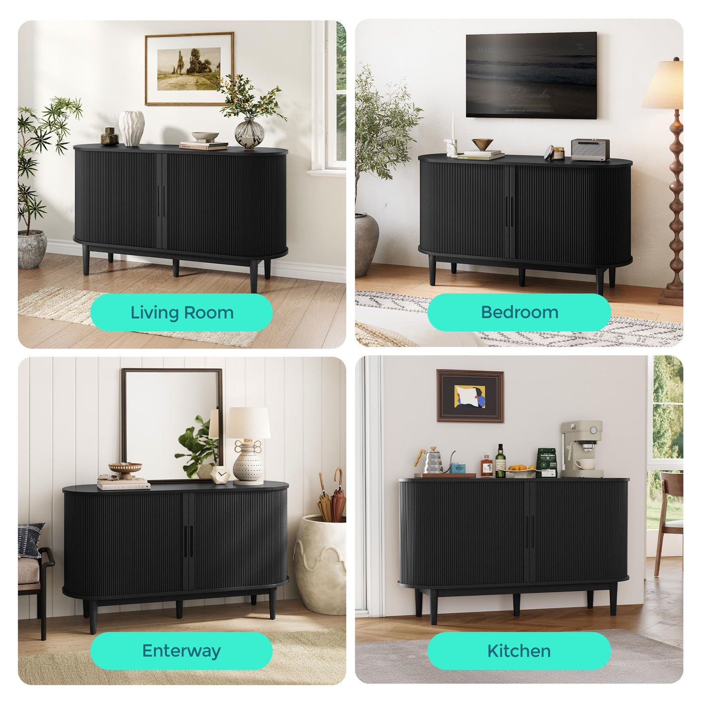 LINSY HOME Sideboard Buffet Cabinet with Storage, 55" Fluted Coffee Bar Cabinet with Tambour Sliding Doors and Drawer, Mid Century Modern Wood Storage Buffet Table for Kitchen (Black)