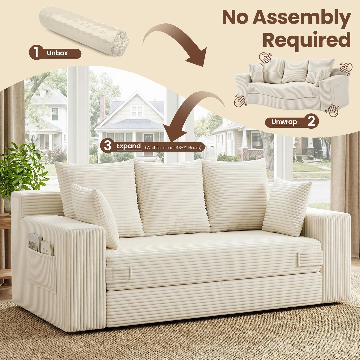 JUIKURY Boneless Couches 70 inch: 3-in-1 Convertible Sofa Bed Futon Couch Bed, Oversized Loveseat Sleeper Sofa with 5 Pillows, Beige Couch for Living Room, Bedroom & Small Space