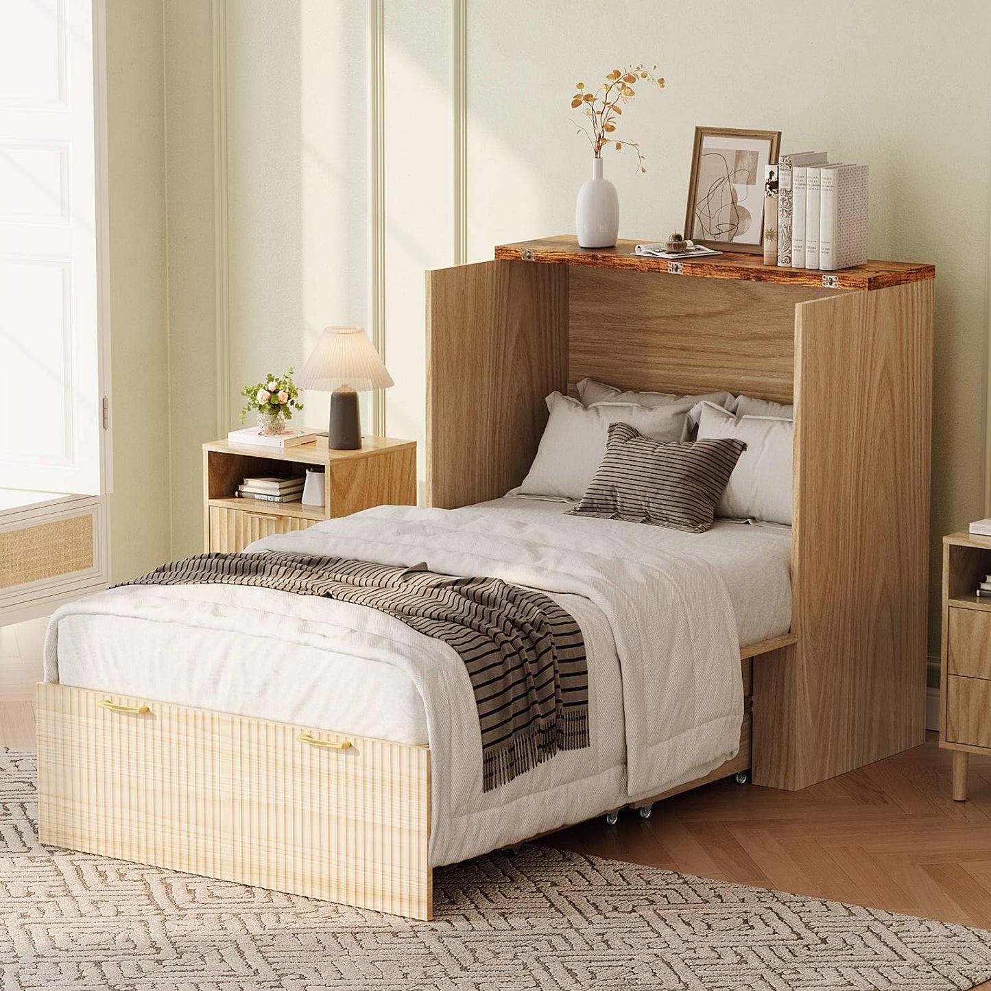 VINGLI Twin Murphy Bed with Storage Drawer,Fluted Wooden Foldable Bed Cabinet with Charging Station,Boho,Hideaway Paltform Panel Bed for Small Spaces,Guest Room,Office,Apartment,Beige