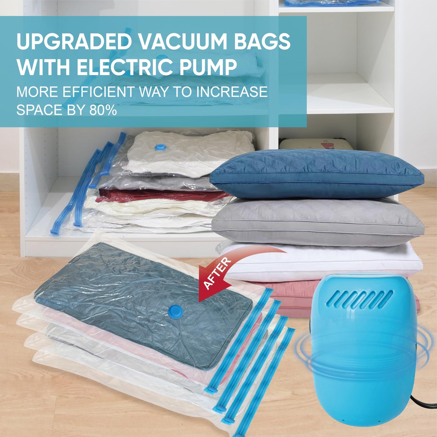 Vacuum Storage Bags with Electric Pump, 10 Jumbo Space Saver Bags Vacuum Seal Bags with Pump, Space, Vacuum Sealer Bags for Clothes, Comforters, Blankets, Bedding