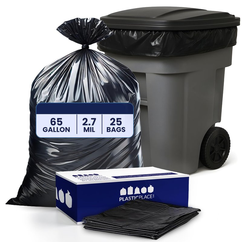Plasticplace 65 Gallon Trash Bags │ 2.7 Mil │ Black Heavy Duty Garbage Can Liners │ 50” x 48” (25 Count) (W65LDB225A)