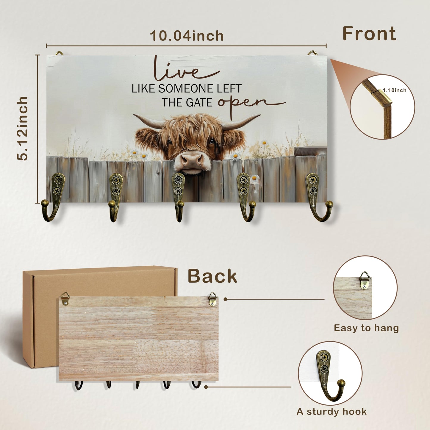 Beliran Highland Cow Decor Key Holder for Wall 10"x5.12", Highland Cow Gifts Key Hanger Wall Mount, Live Like Someone Left The Gate Open Rustic Farmhouse Wooden Hanging Keys Holder Decor for Entryway