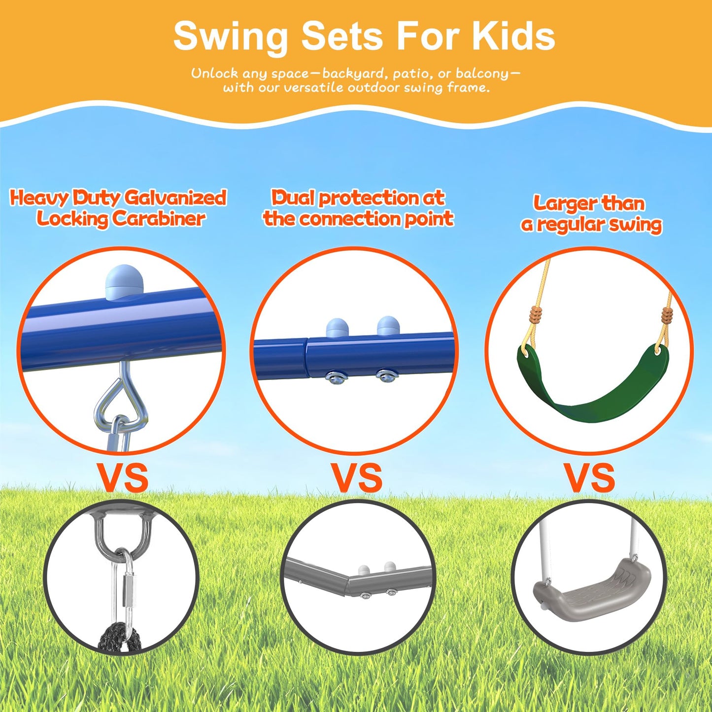SMkidsport Heavy-Duty 5-in-1 Metal Swing Set for Backyard, Outdoor Playset for Kids 3-12 with Slide, 2 Swings, Basketball Hoop & Gymnastic Rings, Easy Assembly