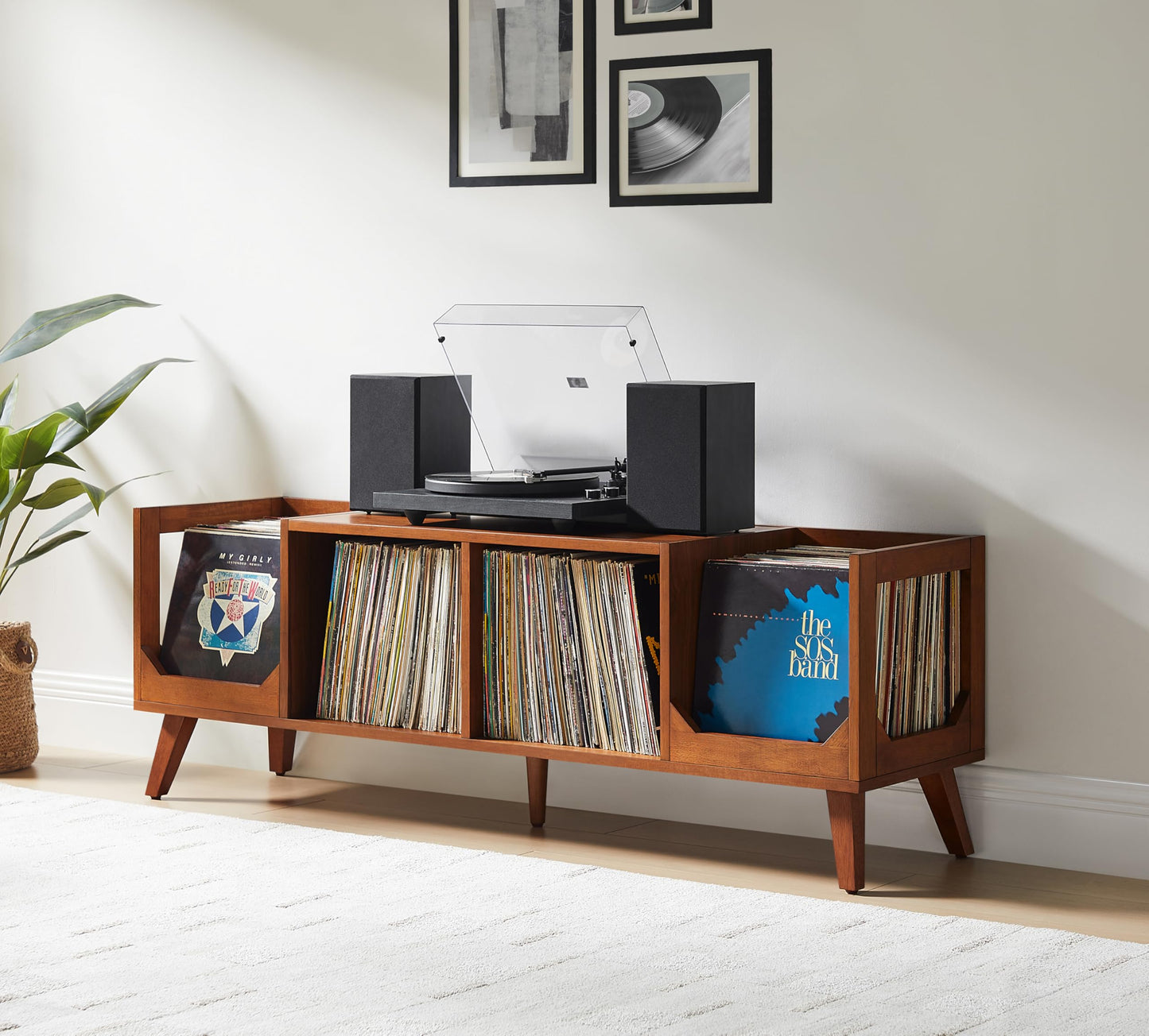 Crosley Furniture Asheville Mid-Century Modern Media Console Record Player Stand, Storage for Vinyl Records, Walnut