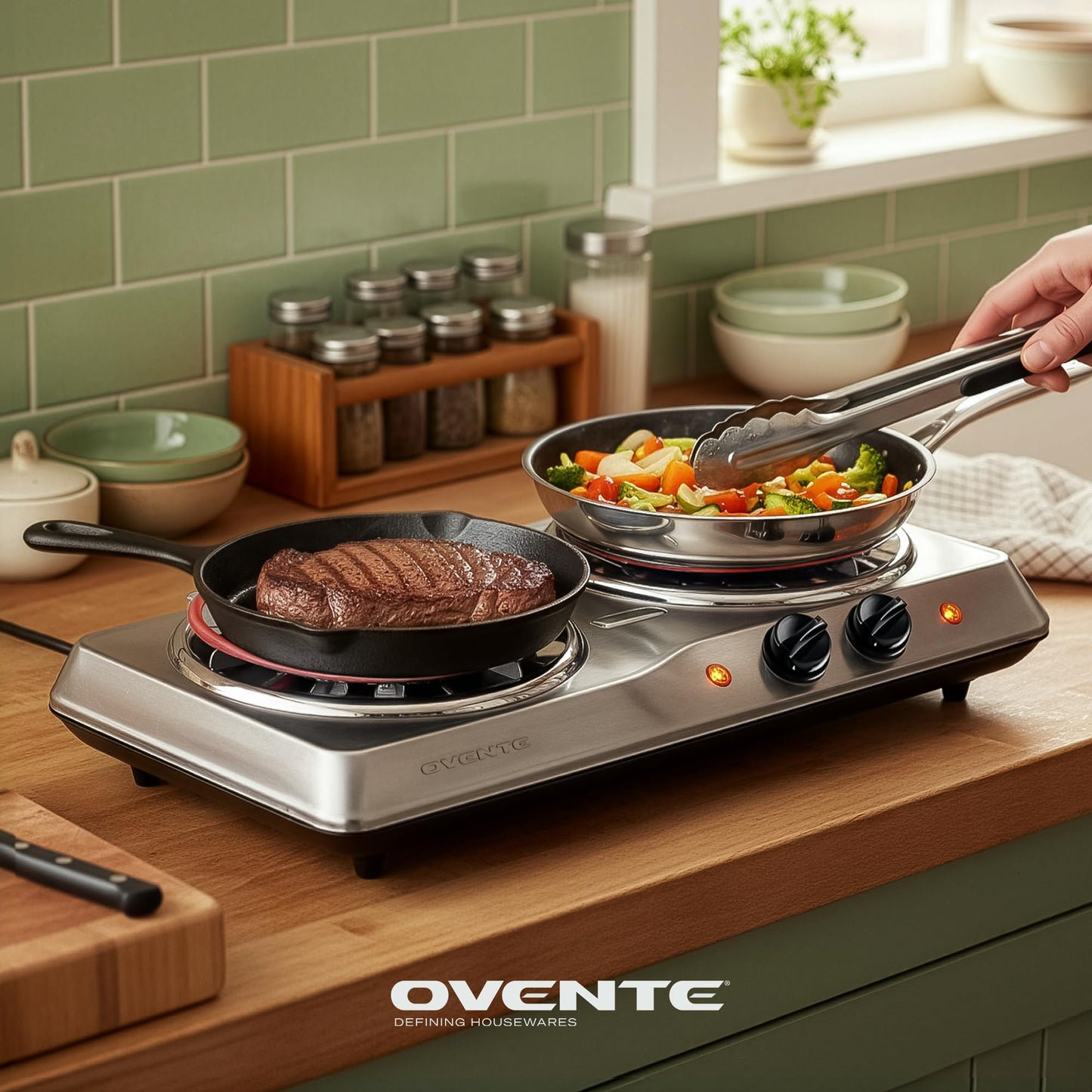 OVENTE Electric Countertop Double Burner, 1700W Cooktop with 6" and 5.75" Stainless Steel Coil Hot Plates, 5 Level Temperature Control, Indicator Lights and Easy to Clean Cooking Stove, Silver BGC102S