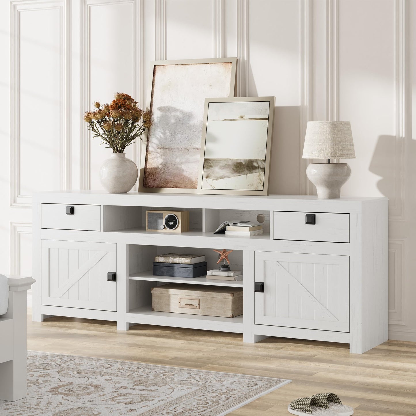 Farmhouse TV Stand for 75/80 Inch TVs, Long Entertainment Center with 4 Storage Drawers & 3 Open Shelf, White Television Consoles Stands for Living Room, Bedroom