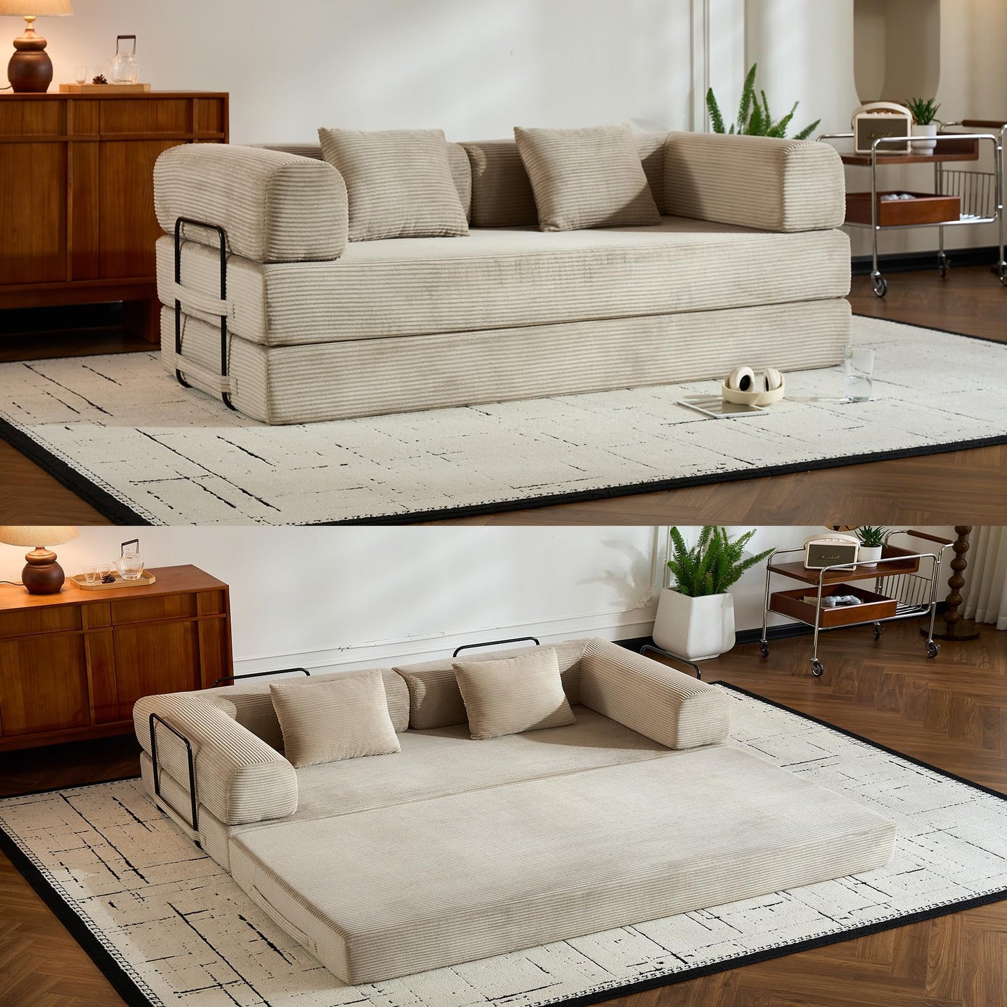 KEIKI Convertible Sleeper Sofa Bed with Cylindrical Pillow, Corduroy Folding Mattress Couch with Sturdy Frame, 4-in-1 Floor Sofa Lounge Sleeper Bed for Living Room Bedroom, Beige