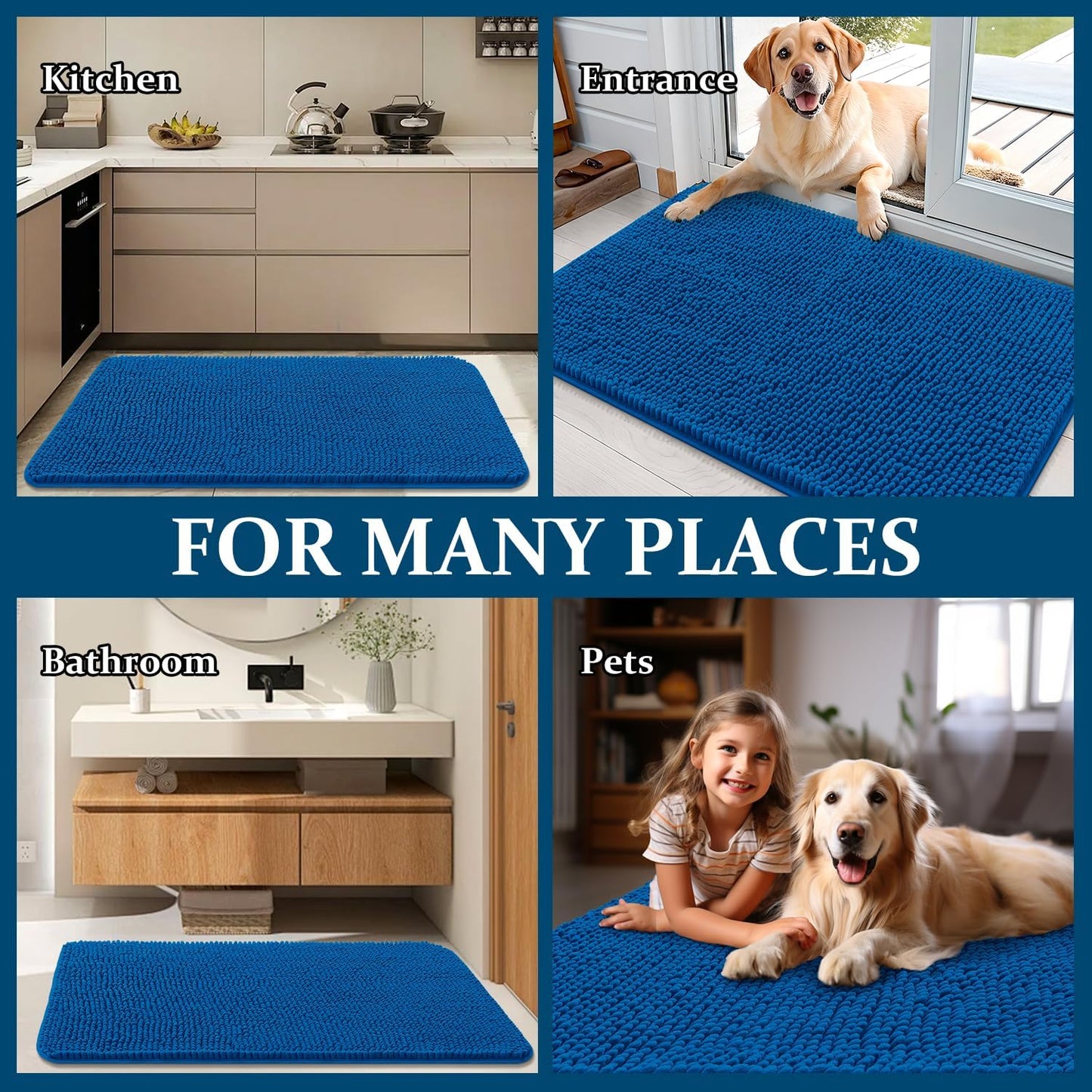 OLANLY Dog Door Mat - Absorbent Non-Slip Washable Doormat for Muddy Paws | 47x17 Deep Navy Blue