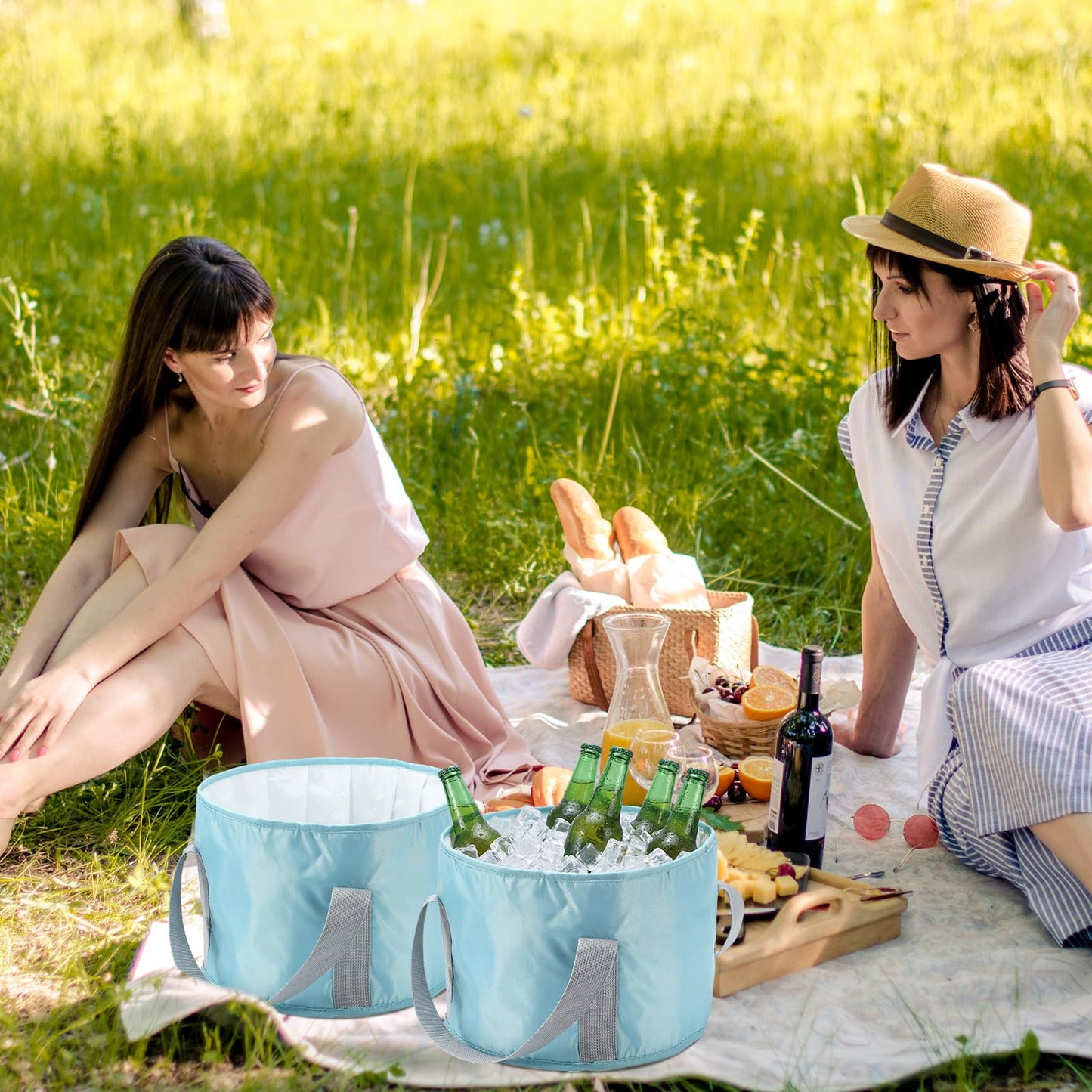 Reallnaive 2 Pcs Cooling Ice Bucket for Parties 15L Large Folding Cooler Capacity Foldable Ice Bucket with Storage Bag for Summer Party Keeping Drinks Tube for Cold or Warm for Camping Beach(Blue)