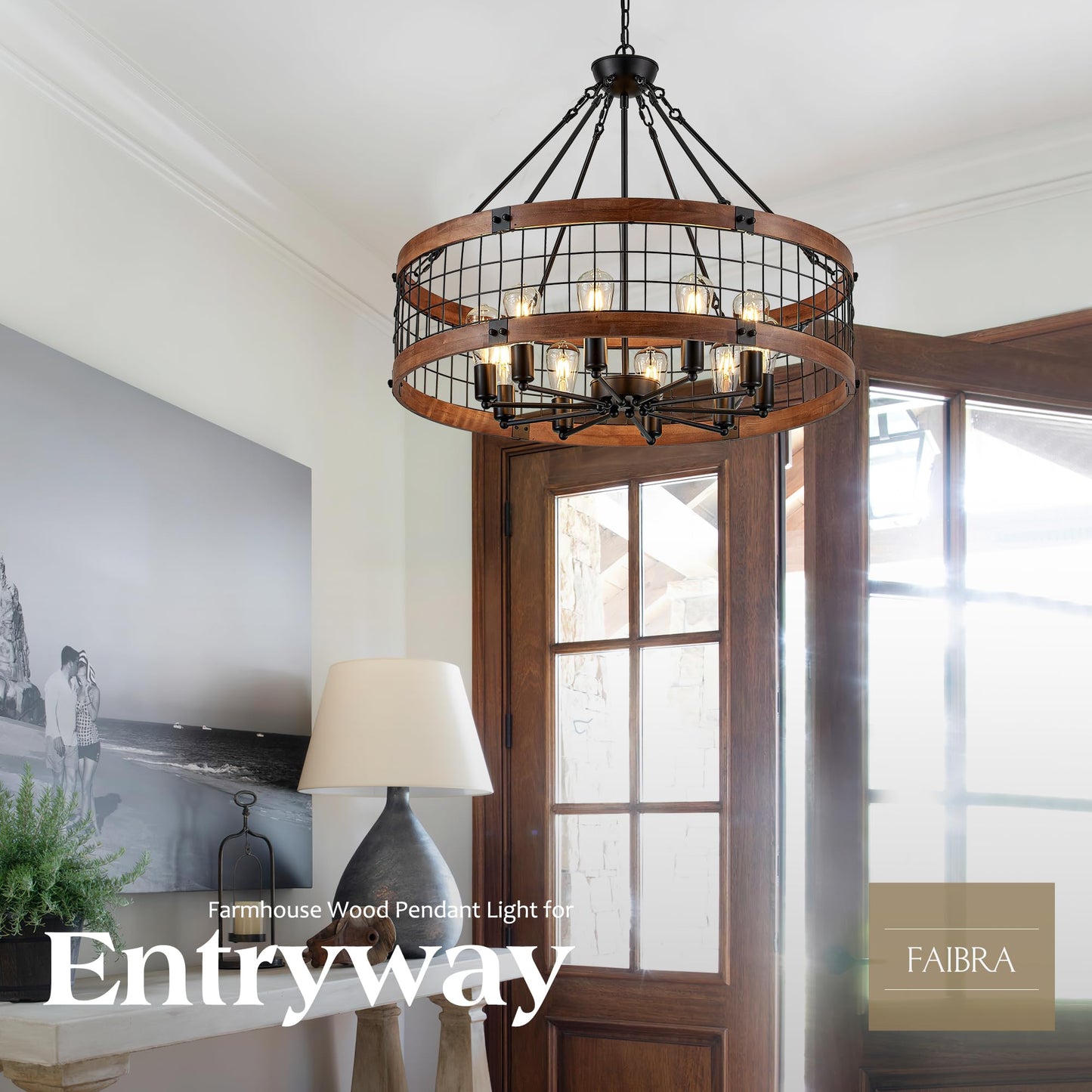 Faibra 10-Light Farmhouse Drum Wood Pendant Light,32'' Vintage Rustic Brown Oak Wood Chandeliers,Retro Industrial Hanging Light Fixtures for Dining Room Entryway, Bedroom