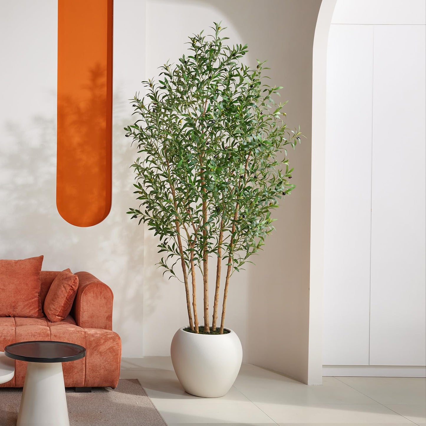 VeriNatural 8FT Olive Trees Artificial Indoor, Faux Olive Tree with Natural Wood Trunk, Lifelike Fake Plant with White Planter Included, Realistic Artificial Plants for Home Office Living Room Decor