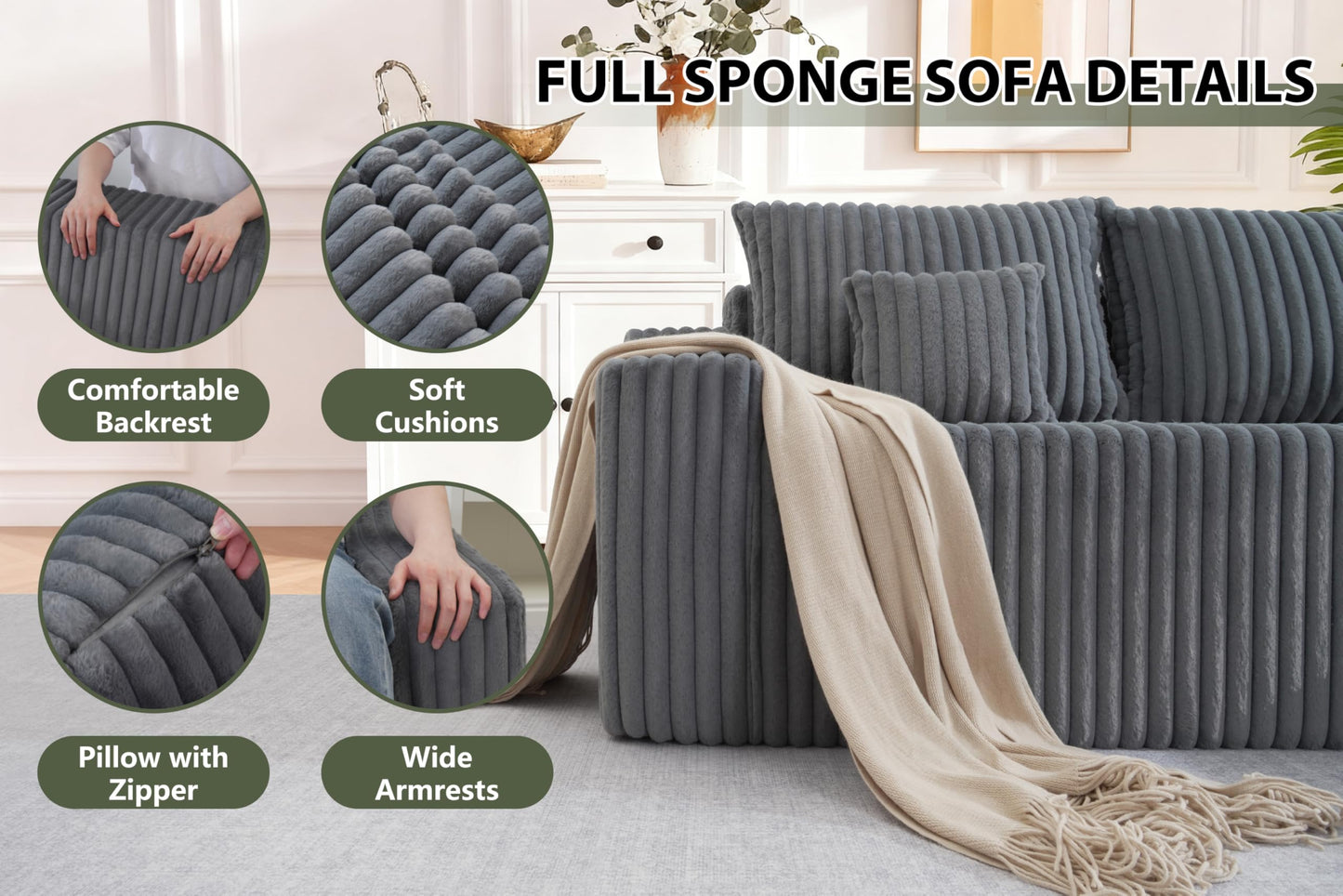 HABUTWAY 94'' Cloud Sectional Couch, Boneless Sofa with Deep Seat, Modular Comfy L-Shape Couch with Chaise for Living Room Bedroom, No Assembly Required(Grey,Right Facing Chaise)