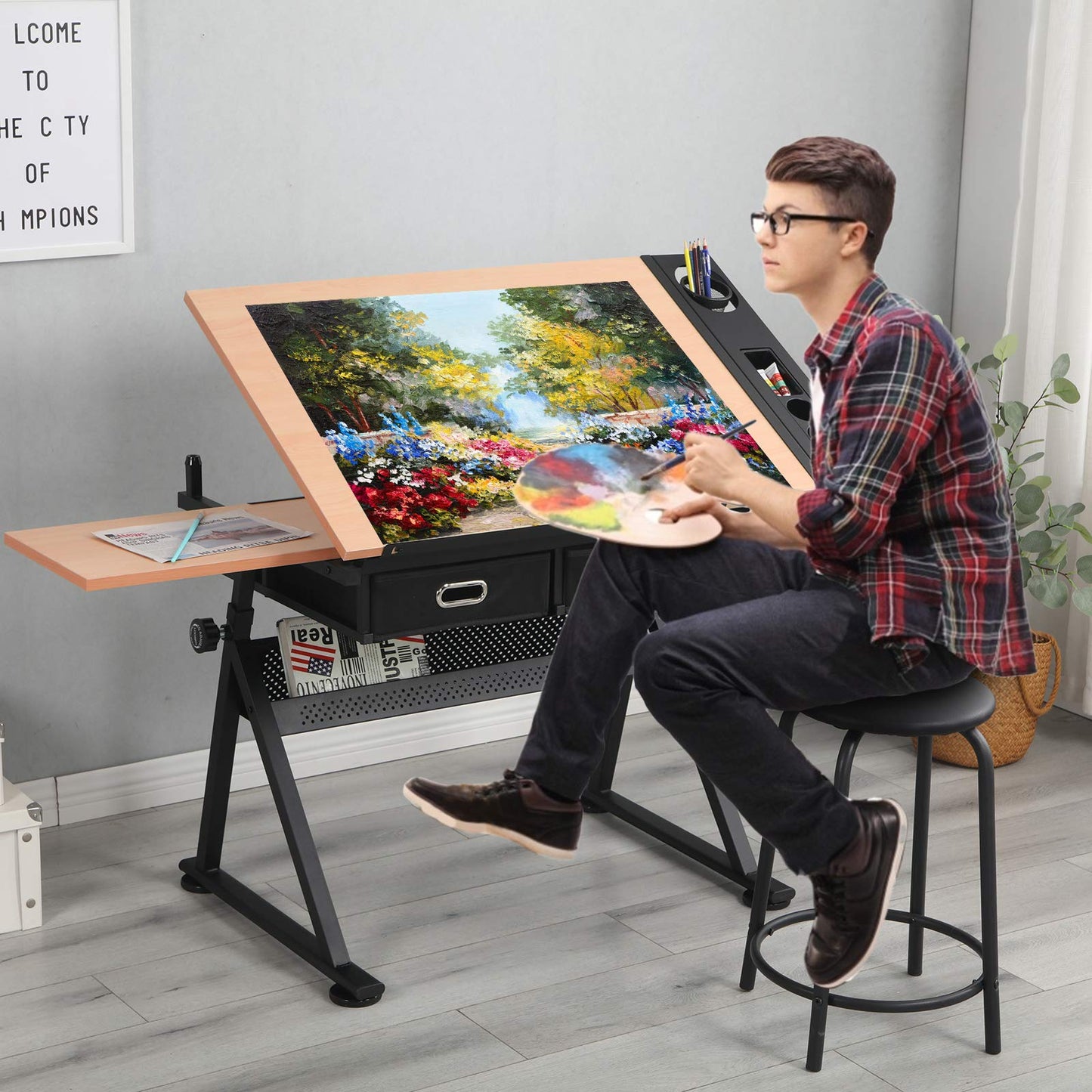 Waful Height Adjustable Drafting Draft Drawing Art Table Desk Tiltable Tabletop Art Craft Paintings Work Station Artist Table for w/ 2 Storage Drawer for Reading, Writing Art Craft Work Station