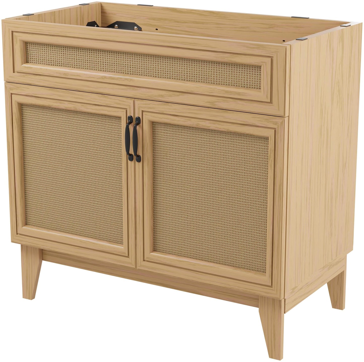 JONATHAN Y Javer Oak 36 in. W x 18 in. D x 33 in. H Bathroom Vanity Cabinet Base with Bohemian Rattan, Freestanding Storage with Soft-Close Doors, Sink Basin not Included VAN1011A