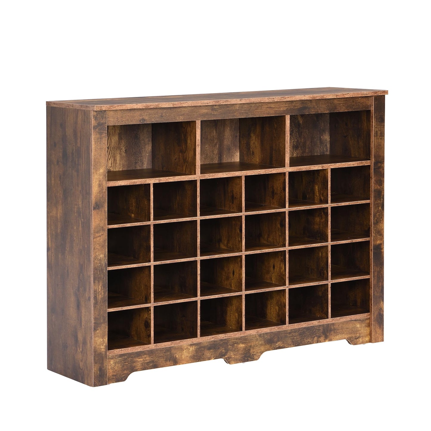 Merax Sleek Design 24 Shoe Cubby Console, Modern Storage Cabinet with Curved Base, Versatile Sideboard for Hallway, Bedroom, Living Room, Rustic Brown