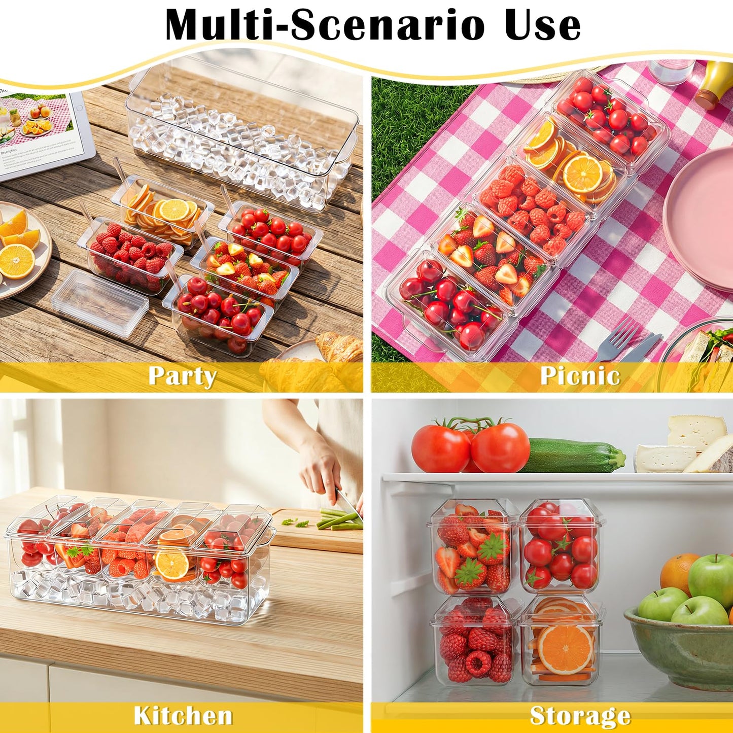 ARSTPEOE Condiment Tray, Chilled Condiment Server for Home, Party, Celebration, Bar Garnish Holder on Ice, Bar Accessories Fruit and Salad with Removable Trays and Lids (5 Spoons & 2 Tongs)