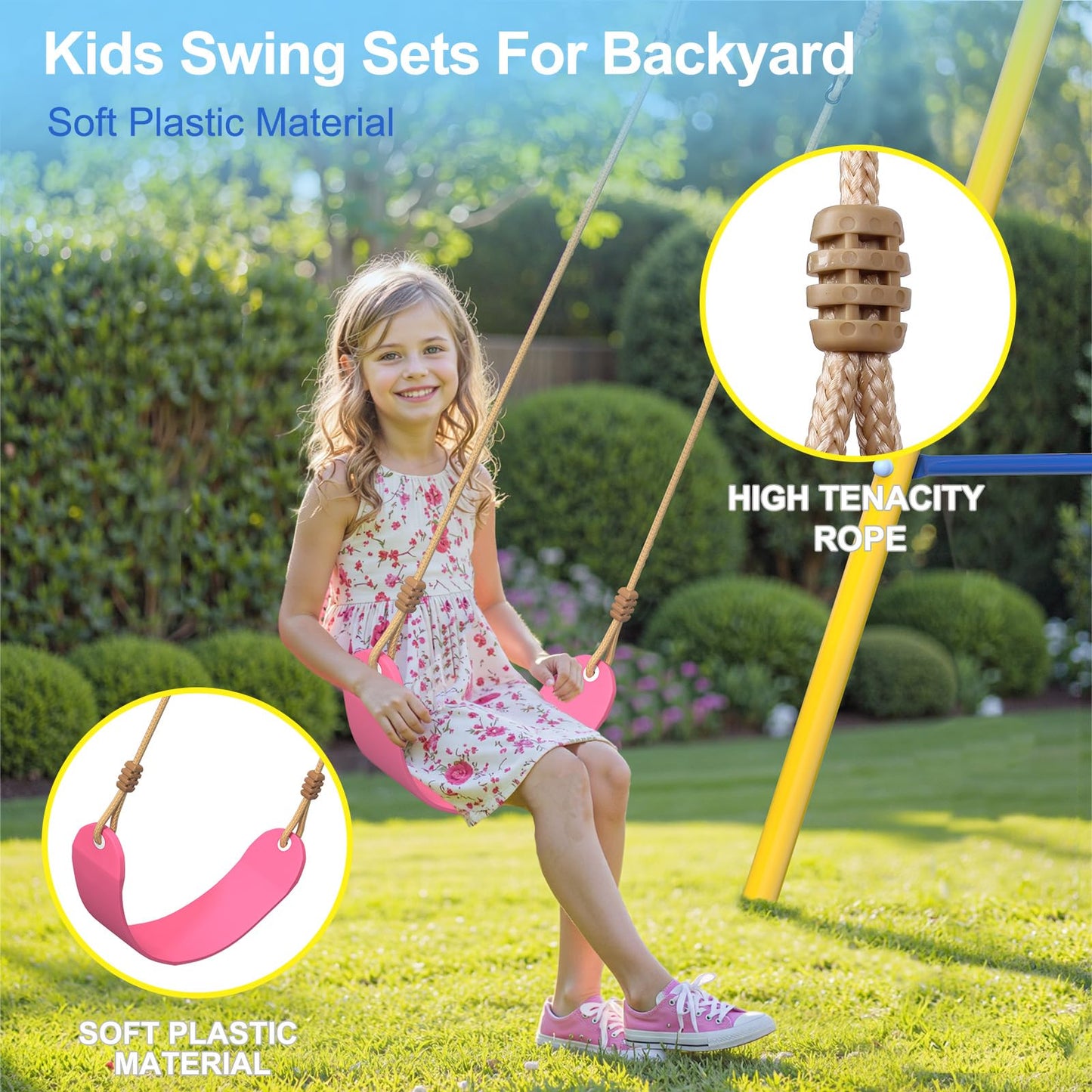 JYGOPLA Metal Swing Sets for Backyard, 5-in-1 Kids Swing Set Slide Combo with Saucer Swings, Baby Safety Swing & Basketball Hoop for Ages 3-12