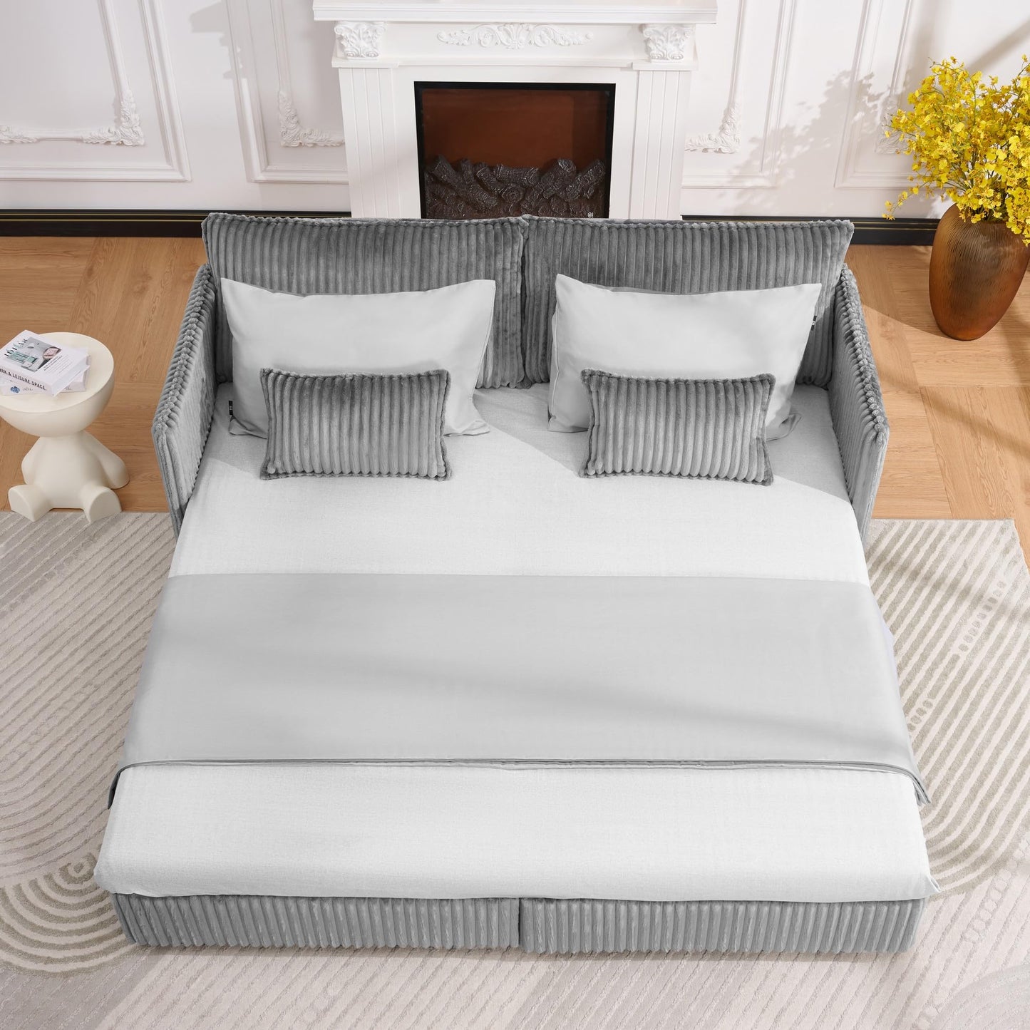 KEIKI 73" 3-in-1 Pull Out Sofa Bed, Convertible Corduroy Sleeper Sofa with USB Ports & Side Pockets, Modern Futon Couch for Living Room, Apartment or Bedroom, Gray