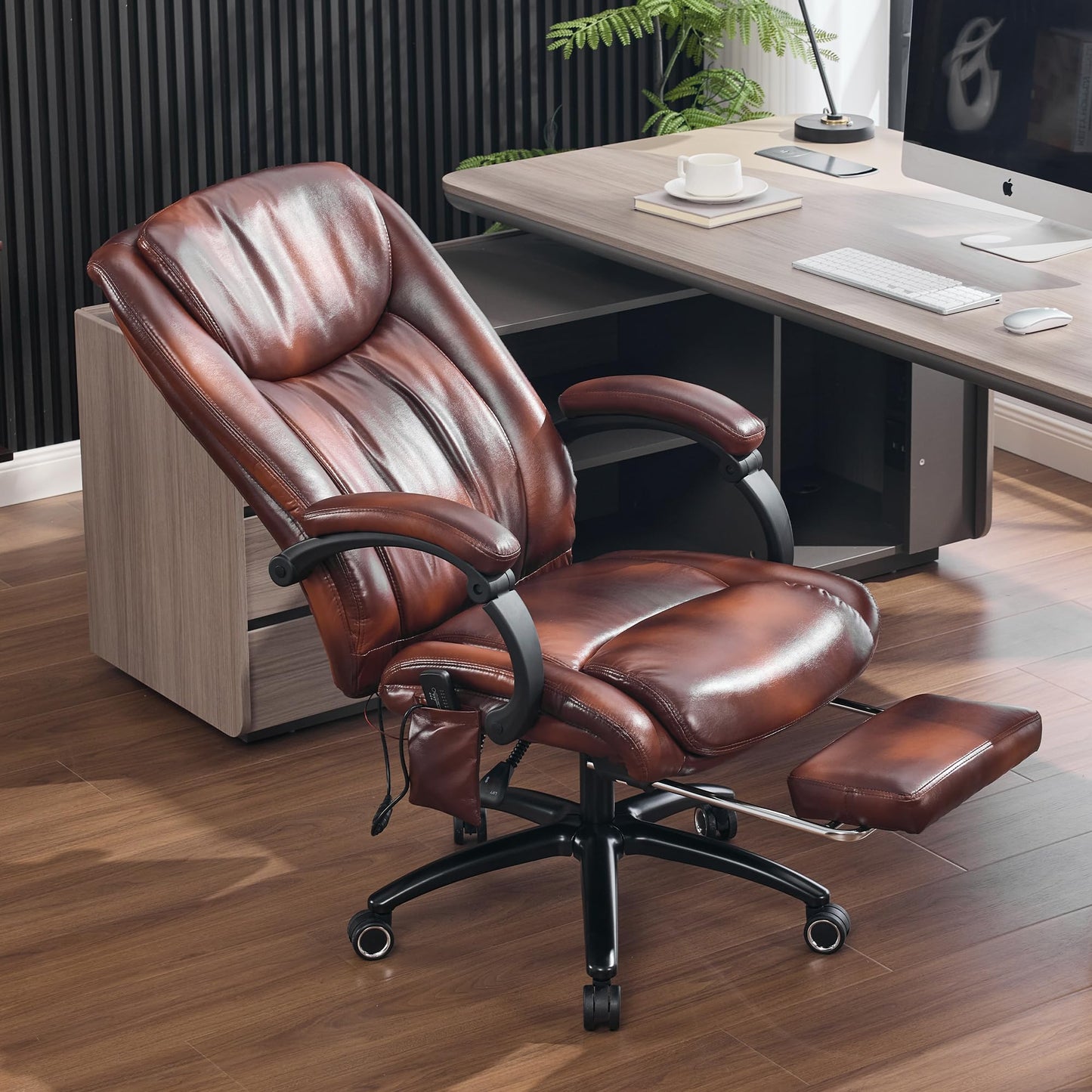 Fmolat High Back Massage Executive Chair, PU Leather, Big & Tall, Vibration Massage & Heating,95-135° Recline with Footrest, Ergonomic Office Chair for Home & Gaming,Brown